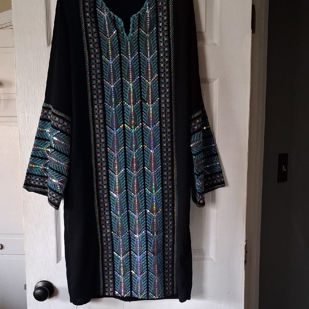 Black Dress with Colorful Sequins Geometric Patterns
